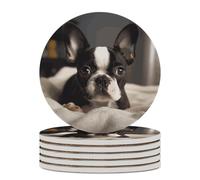 6PCS Cute Boston Terrier Coasters Non-Slip Round Drink Coasters with Ceramic Stone and Cork Base, Heat Resistant Absorbent 33.00Stone Coaster Set for Kinds of Mugs and Cups, 4 Inch
