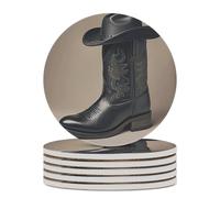 6PCS Cute Cowboy Black Hat Western Boots Coasters Non-Slip Round Drink Coasters with Ceramic Stone and Cork Base, Heat Resistant Absorbent 33.00Stone Coaster Set for Kinds of Mugs and Cups, 4 Inch