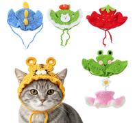 6pcs Cute Crochet Cat Hat, 6 Styles Funny Knitted Hat for Cats Elastic Handmade Cat Clothes Frog Flower Strawberry Tiger Dinosaur Hats for Kittens Puppy Birthday Party