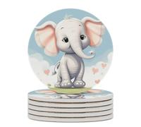 6PCS Cute Elephant Coasters Non-Slip Round Drink Coasters with Ceramic Stone and Cork Base, Heat Resistant Absorbent 33.00Stone Coaster Set for Kinds of Mugs and Cups, 4 Inch