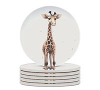 6PCS Cute Giraffe Coasters Non-Slip Round Drink Coasters with Ceramic Stone and Cork Base, Heat Resistant Absorbent 33.00Stone Coaster Set for Kinds of Mugs and Cups, 4 Inch