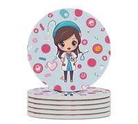 6PCS Cute Nurse Coasters Non-Slip Round Drink Coasters with Ceramic Stone and Cork Base, Heat Resistant Absorbent 33.00Stone Coaster Set for Kinds of Mugs and Cups, 4 Inch