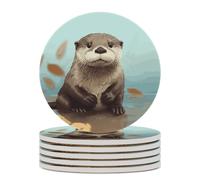 6PCS Cute Otter Coasters Non-Slip Round Drink Coasters with Ceramic Stone and Cork Base, Heat Resistant Absorbent 33.00Stone Coaster Set for Kinds of Mugs and Cups, 4 Inch
