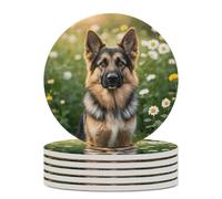 6PCS Cute Pet German Shepherd Dog Coasters Non-Slip Round Drink Coasters with Ceramic Stone and Cork Base, Heat Resistant Absorbent 33.00Stone Coaster Set for Kinds of Mugs and Cups, 4 Inch
