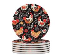 6PCS Cute Rooster Chickens Coasters Non-Slip Round Drink Coasters with Ceramic Stone and Cork Base, Heat Resistant Absorbent 33.00Stone Coaster Set for Kinds of Mugs and Cups, 4 Inch