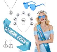 6Pcs Dancing Queen Party Decorations Set, Disco Bachelorette Party Decorations Blue Queen Sash Heart Fashion Sunglasses Headband Earrings Necklace and Ring for Women Girls Disco Birthday Accessories