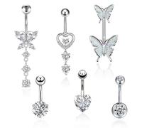 6Pcs Dangly Belly Button Rings Set, Silver Navel Bars CZ for Women, Cute Butterfly Piercing Jewellery Pack, Belly Button Bars with Cute Heart Butterfly Elements