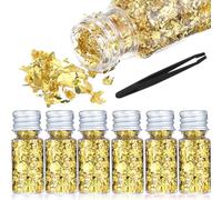 6Pcs Decorative Gold Leaf, Multifunction Gold Leaf Cake Decoration Baking Foil Decor for Cooking Dessert Steak Decoration Crafts Makeup Leaves with Plastic Tweezers