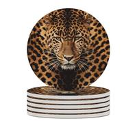6PCS Depict A Leopard Coasters Non-Slip Round Drink Coasters with Ceramic Stone and Cork Base, Heat Resistant Absorbent 33.00Stone Coaster Set for Kinds of Mugs and Cups, 4 Inch