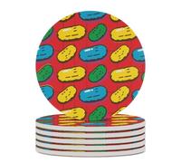 6PCS Dill Pickles Print Coasters Non-Slip Round Drink Coasters with Ceramic Stone and Cork Base, Heat Resistant Absorbent 33.00Stone Coaster Set for Kinds of Mugs and Cups, 4 Inch