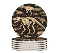 6PCS Dinosaur Skeleton Print Coasters Non-Slip Round Drink Coasters with Ceramic Stone and Cork Base, Heat Resistant Absorbent 33.00Stone Coaster Set for Kinds of Mugs and Cups, 4 Inch