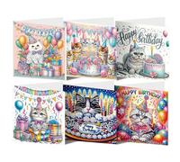 6PCS DIY Diamond Art Birthday Cards with Envelopes 5D DIY Diamond Art Crystal Card Kits Happy Birthday Greeting Cards Cat Elements Diamond Painting Cards for Family Friend Handmade Gift