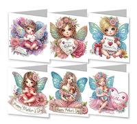 6PCS DIY Diamond Art Cards with Envelopes, 5D Diamond Art Painting Greeting Cards Happy Birthday Holiday Card Kits Present-09-Mother's Day Fairy