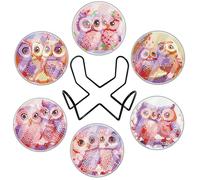 6PCS DIY Diamond Painting Owl Coasters Arts and Crafts Painting Coasters Round Diamond Art Cup Drink Coasters