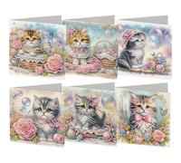 6Pcs DIY Rhinestone Diamond Art Greeting Cards, Cute Cartoon Mosaic Postcards with Envelopes, Birthday & Everyday Greeting Card Kit for Friend, Family, Lover & Handmade Craft Gift (Cat)