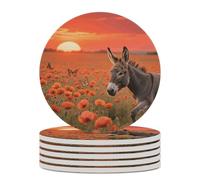 6PCS Donkey & Butterflie Coasters Non-Slip Round Drink Coasters with Ceramic Stone and Cork Base, Heat Resistant Absorbent 33.00Stone Coaster Set for Kinds of Mugs and Cups, 4 Inch
