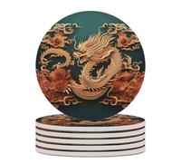 6PCS Dragon Chinese Background Coasters Non-Slip Round Drink Coasters with Ceramic Stone and Cork Base, Heat Resistant Absorbent 33.00Stone Coaster Set for Kinds of Mugs and Cups, 4 Inch