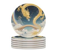 6PCS Dragon Rainbow Bridge Coasters Non-Slip Round Drink Coasters with Ceramic Stone and Cork Base, Heat Resistant Absorbent 33.00Stone Coaster Set for Kinds of Mugs and Cups, 4 Inch