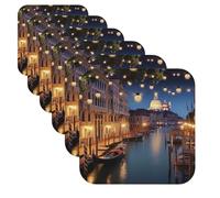 6Pcs Drink Coasters Cup Coaster Venice at Night Funny Cup Mat Pad 4" Leather Coaster for Drinks Waterproof Bar Beer Beverage Coasters Set for Home Decor Housewarming Gift