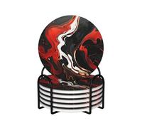 6pcs Drink Coasters with Holder, 4" Ceramics Coasters for Drinks, Black and Red Marble Cup Coasters for Coffee Table Decor, Non-Slip Drinking Cup Mat for Hot Or Cold Drink