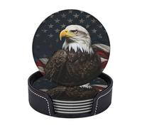 6PCS Drink Coasters with Holder, 4" Leather Coasters for Drinks, American Bald Eagle Sitting on Flag Ribbon Cup Coasters for Coffee Table Decor, Non-Slip Drinking Cup Mat for Hot or Cold Drink