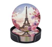 6PCS Drink Coasters with Holder, 4" Leather Coasters for Drinks, Eiffel Tower Spring Flowers Cup Coasters for Coffee Table Decor, Non-Slip Drinking Cup Mat for Hot or Cold Drink