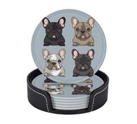 6PCS Drink Coasters with Holder, 4" Leather Coasters for Drinks, French Bulldog Cup Coasters for Coffee Table Decor, Non-Slip Drinking Cup Mat for Hot or Cold Drink