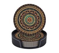 6PCS Drink Coasters with Holder, 4" Leather Coasters for Drinks, Mandala Cup Coasters for Coffee Table Decor, Non-Slip Drinking Cup Mat for Hot or Cold Drink