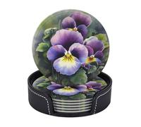 6PCS Drink Coasters with Holder, 4" Leather Coasters for Drinks, Pansy Perfection Cup Coasters for Coffee Table Decor, Non-Slip Drinking Cup Mat for Hot or Cold Drink