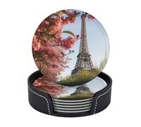 6PCS Drink Coasters with Holder, 4" Leather Coasters for Drinks, Paris Eiffel Tower Flower Cup Coasters for Coffee Table Decor, Non-Slip Drinking Cup Mat for Hot or Cold Drink