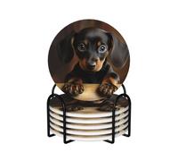 6Pcs Drink Coasters with Holder Absorbent Coffee Cup Mat Decorative Bar Coaster with Cork Back Coasters for Drinks Dog Dachshund Ceramic Table Coaster Set for Home Decor Gift