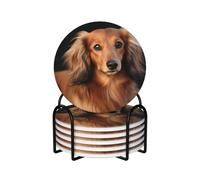 6Pcs Drink Coasters with Holder Absorbent Coffee Cup Mat Decorative Bar Coaster with Cork Back Coasters for Drinks Long haired Dachshund Ceramic Table Coaster Set for Home Decor Gift