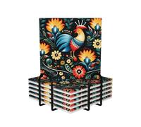 6Pcs Drink Coasters with Holder Absorbent Coffee Cup Mat Decorative Bar Coaster with Cork Back Coasters for Drinks Polish Folk Art Pattern Ceramic Table Coaster Set for Home Decor Gift