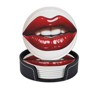 6Pcs Drink Coasters with Holder Cup Coaster Cute Graphic Red Lips Round Cup Mat Pad 3.9" Leather Coaster for Drinks Waterproof Bar Beer Beverage Coasters Set for Kinds of Cups