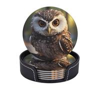 6Pcs Drink Coasters with Holder Cup Coaster Cute Owl Round Cup Mat Pad 3.9" Leather Coaster for Drinks Waterproof Bar Beer Beverage Coasters Set for Kinds of Cups