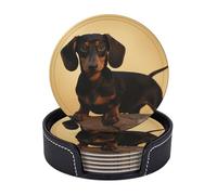 6pcs Drink Coasters with Holder, Leather Coasters for Drinks, A Cute Dachshund Cup Coasters for Coffee Table Decor, Non-Slip Drinking Cup Mat for Hot Or Cold Drink 4"