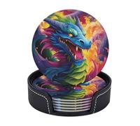 6pcs Drink Coasters with Holder, Leather Coasters for Drinks, Colorful of Dragons Cup Coasters for Coffee Table Decor, Non-Slip Drinking Cup Mat for Hot Or Cold Drink 4"