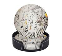 6Pcs Drink Coasters with Holder, Music Notes Print Coasters for Drinks Leather Absorbent Coasters Set Heat-Resistant Mug Mats Round Coffee Cup Pads Housewarming Gifts for New Home