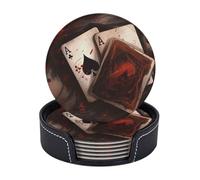 6Pcs Drink Coasters with Holder, Playing Cards Coasters for Drinks Leather Absorbent Coasters Set Heat-Resistant Mug Mats Round Coffee Cup Pads Housewarming Gifts for New Home