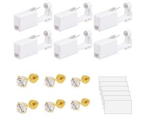 6pcs Ear Piercing Gun Kit, 3/4/5mm Gold-Plated Diamond Ear Studs, Nose Piercing kit, Painless Self Disposable Ear Piercing Kit for First Time Users or Professionals Alike