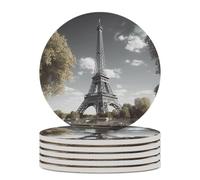 6PCS Eiffel Tower Coasters Non-Slip Round Drink Coasters with Ceramic Stone and Cork Base, Heat Resistant Absorbent 33.00Stone Coaster Set for Kinds of Mugs and Cups, 4 Inch