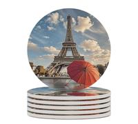 6PCS Eiffel Tower with Red Umbrella Coasters Non-Slip Round Drink Coasters with Ceramic Stone and Cork Base, Heat Resistant Absorbent 33.00Stone Coaster Set for Kinds of Mugs and Cups, 4 Inch