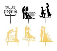 6Pcs Elegant Bride Groom Wedding Silhouette Topper Glitter Decoration Acrylic Cake Topper Funny Mr Mrs Wedding Cake Toppers for Wedding Cake