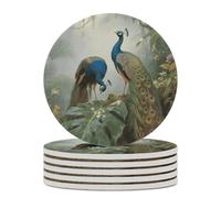 6PCS Elegant Colorful Peacock Coasters Non-Slip Round Drink Coasters with Ceramic Stone and Cork Base, Heat Resistant Absorbent 33.00Stone Coaster Set for Kinds of Mugs and Cups, 4 Inch