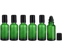 6PCS Empty Portable Green Glass Roll on Bottles With Stainless Steel Ball and Black Cap For Perfume Essential Oil Roller Bottles Vial Container Pot Jar Attar Bottle (50ml)