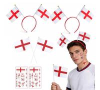 6Pcs England Supporters Costume Set, 2 England Flag Headband Boppers 2 St Georges Hand Flags 2 Face Sticker Sheets St George Cross Fancy Dress Accessories for Adults Football Rugby Cricket Events