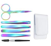 6pcs Eyebrow Tweezers Rainbow Set with 4 Different Tweezers for Different Use 1 Scissors Along with 1 Eyelash Brush Comes in Carrying Storage Case for Eyebrow, Ingrown Hair Remove (Blue)