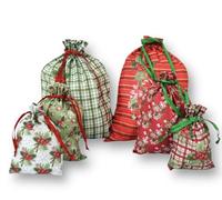 6pcs Fabric Gift Bags Multipack - Reusable Drawstring Ribbon Wrapping Pouches for Christmas, Valentine's, Easter, Mother's Day, Birthdays - Festive Cotton Gift Wrap Sacks(Red Green Mistletoe)