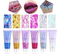 6Pcs Face Body Glitter Gel, Chunky Sequins Shimmer Liquid Eyeshadow, Mermaid Sequins Liquid Holographic Glitter Gel, Sparkling Festival Party Lotion for Face Body Eye Hair Nail Makeup and DIY Art
