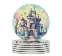6PCS Fairytale Castle Coasters Non-Slip Round Drink Coasters with Ceramic Stone and Cork Base, Heat Resistant Absorbent 33.00Stone Coaster Set for Kinds of Mugs and Cups, 4 Inch